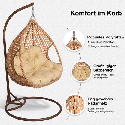 2mGoods Hängesessel mit Gestell für 2 Personen, Korbhängesessel Outdoor & Indoor, Hängekorb Sessel Outdoor Garten, mit Gestell und XXL Rückenkissen, Polyrattan Hängestuhl 2 Personen