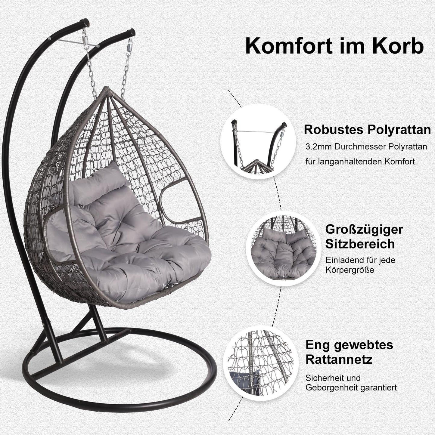 2mGoods Hängesessel mit Gestell für 2 Personen, Korbhängesessel Outdoor & Indoor, Hängekorb Sessel Outdoor Garten, mit Gestell und XXL Rückenkissen, Polyrattan Hängestuhl 2 Personen