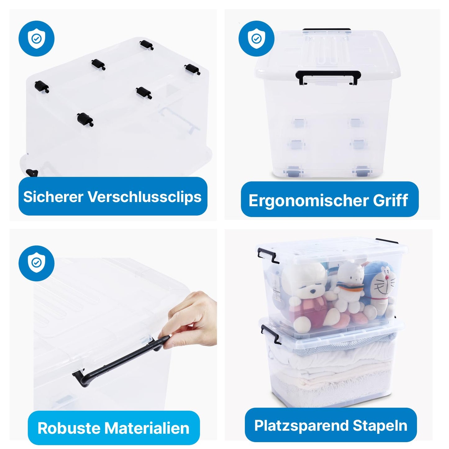 2mGoods - 4er Set 70L robuste Aufbewahrungsboxen mit Deckel L61.5xB44xH36 cm inkl. Tragegriff, Plastikboxen, stapelbar, lebensmittelecht, transparente kleine Kisten für Wohnung, Werkstatt & Keller