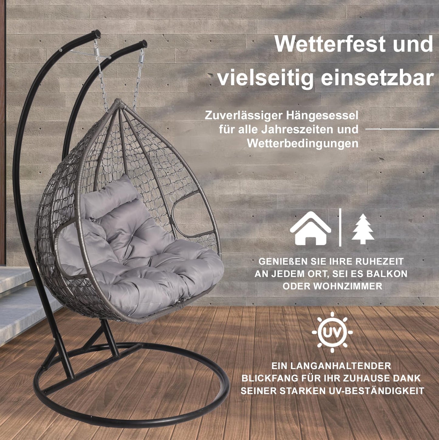 2mGoods Hängesessel mit Gestell für 2 Personen, Korbhängesessel Outdoor & Indoor, Hängekorb Sessel Outdoor Garten, mit Gestell und XXL Rückenkissen, Polyrattan Hängestuhl 2 Personen