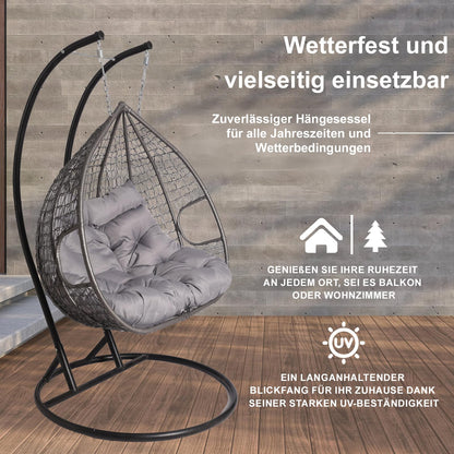 2mGoods Hängesessel mit Gestell für 2 Personen, Korbhängesessel Outdoor & Indoor, Hängekorb Sessel Outdoor Garten, mit Gestell und XXL Rückenkissen, Polyrattan Hängestuhl 2 Personen