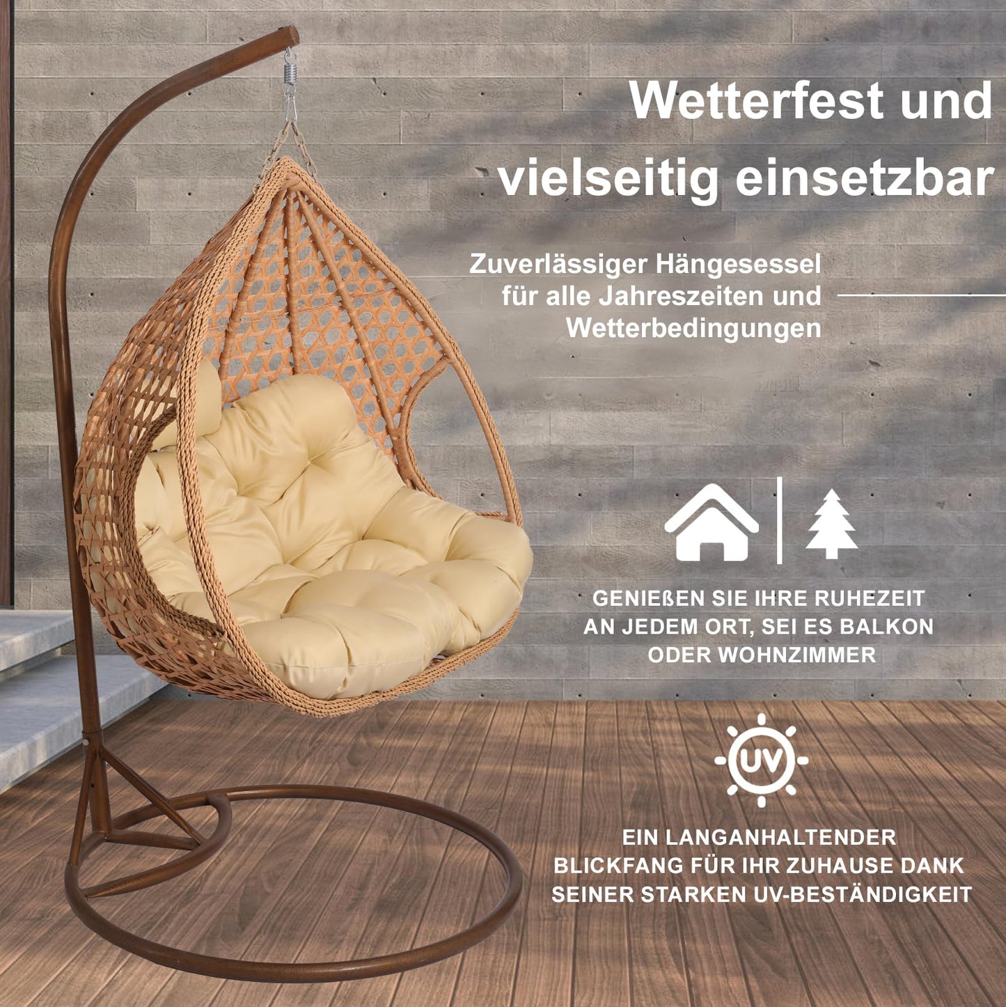2mGoods Hängesessel mit Gestell für 2 Personen, Korbhängesessel Outdoor & Indoor, Hängekorb Sessel Outdoor Garten, mit Gestell und XXL Rückenkissen, Polyrattan Hängestuhl 2 Personen